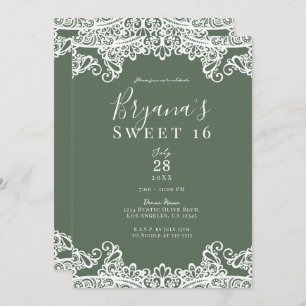 Rustic Olive & White Lace Elegant Sweet 16 Party   Invitation