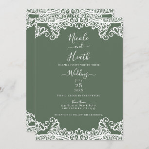 Rustic Olive White Lace Elegant Wedding  Invitation