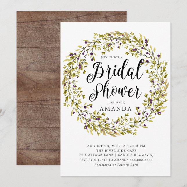 Rustic Olive Wreath Bridal Shower Invitation (Front/Back)