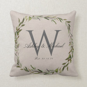 Rustic Olive Wreath Monogram Wedding Keepsake Throw Pillow