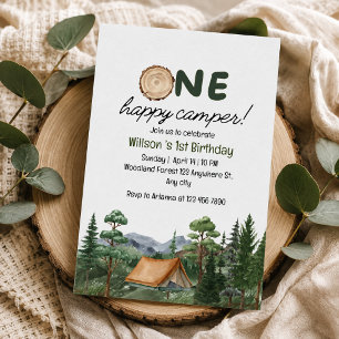 Rustic "One Happy Camper" 1st Birthday Camping Invitation