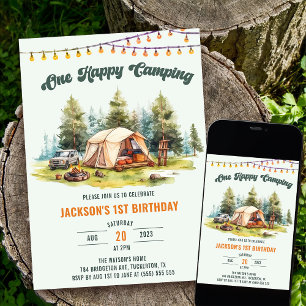 Rustic One Happy Camper 1st Birthday Party  Invitation