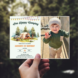 Rustic One Happy Camper 1st Birthday Party Photo  Invitation