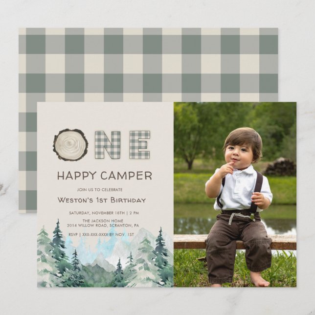 Rustic One Happy Camper Invitation Anniversaire (Devant / Derrière)