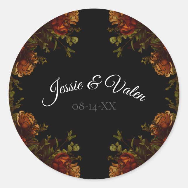 Rustic Orange Black Elegant Wedding Invitation Classic Round Sticker (Front)