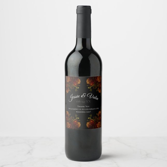 Rustic Orange Black Elegant Wedding Wine Label (Front)