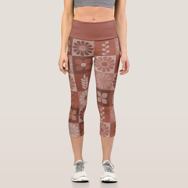 Rustic Orange Brown Burlap Linen Pattern Leggings (Front)