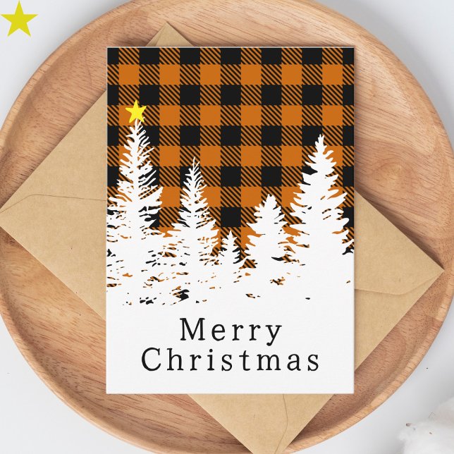 Rustic Orange Buffalo Plaid Forest Merry Christmas Card (Creator Uploaded)