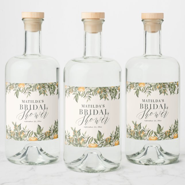 Rustic orange citrus botanical bridal shower party liquor bottle label (Bottles)