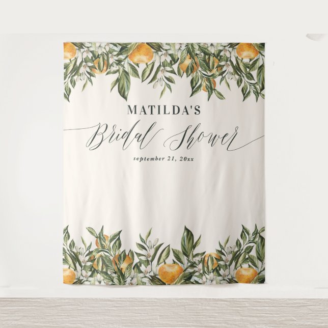 Rustic orange citrus botanical bridal shower party tapestry (Front)