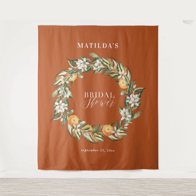 Rustic orange citrus botanical bridal shower party tapestry (Front)