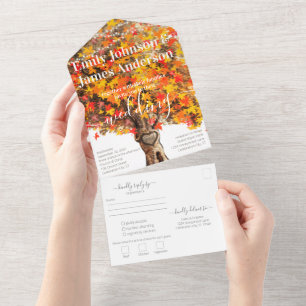 Rustic Orange Coral and Red Maple Tree Wedding All In One Invitation