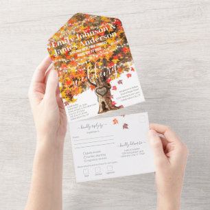 Rustic Orange Coral and Red Maple Tree Wedding  All In One Invitation