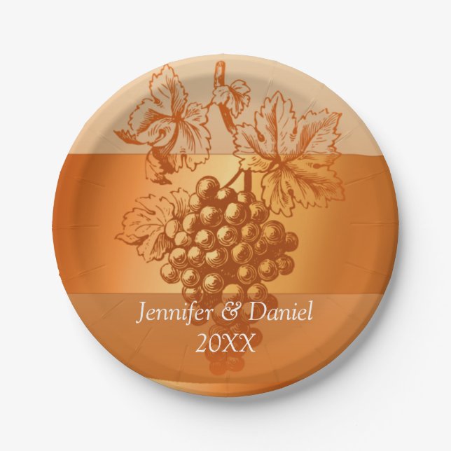 Rustic Orange Custom Wine Label Style Fall Wedding Paper Plate (Front)