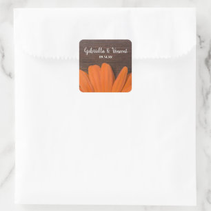 Rustic Orange Daisy and Barn Wood Country Wedding Square Sticker
