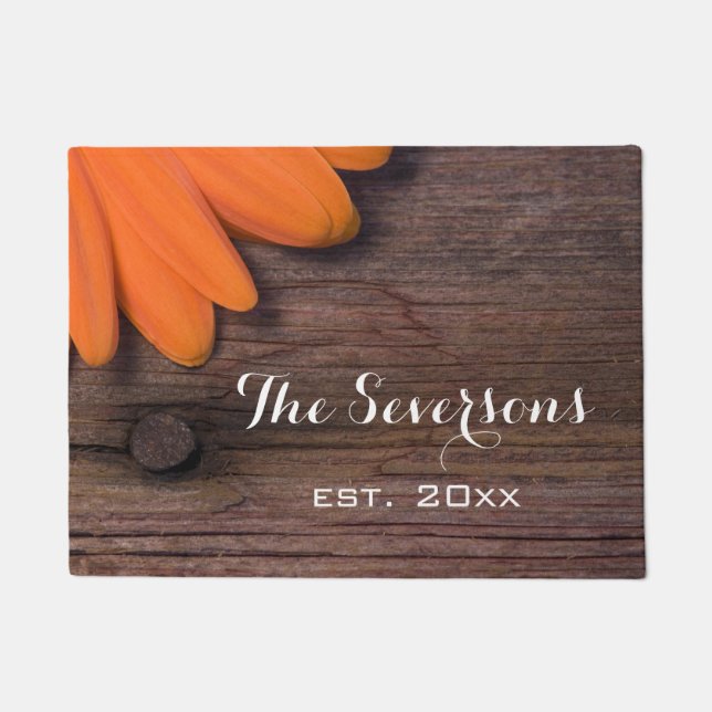 Rustic Orange Daisy and Barn Wood Doormat (Front)