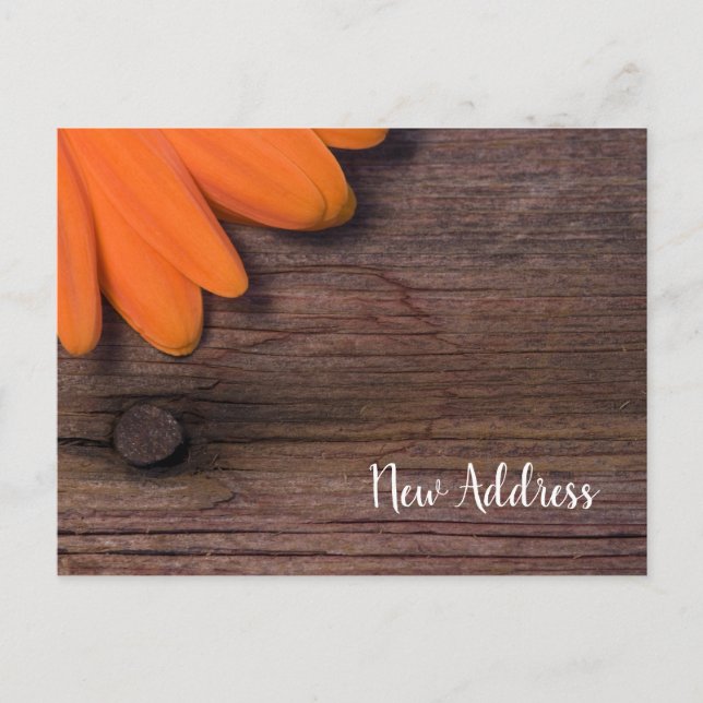 Rustic Orange Daisy and Barn Wood New Address Announcement Postcard (Front)