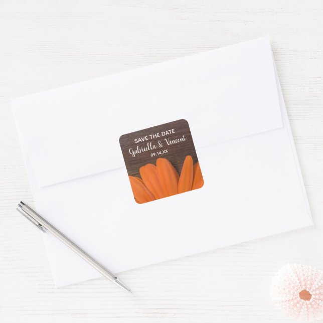 Rustic Orange Daisy Country Wedding Save the Date Square Sticker (Envelope)