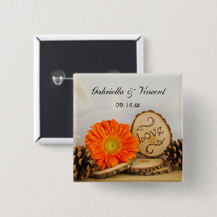 Rustic Orange Daisy Woodland Wedding 2 Inch Square Button