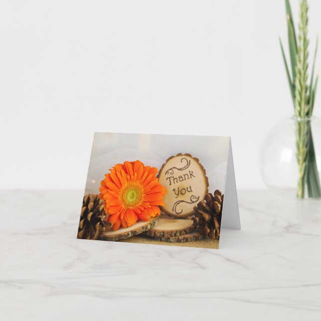 Rustic Orange Daisy Woodland Wedding Thank You (Front)