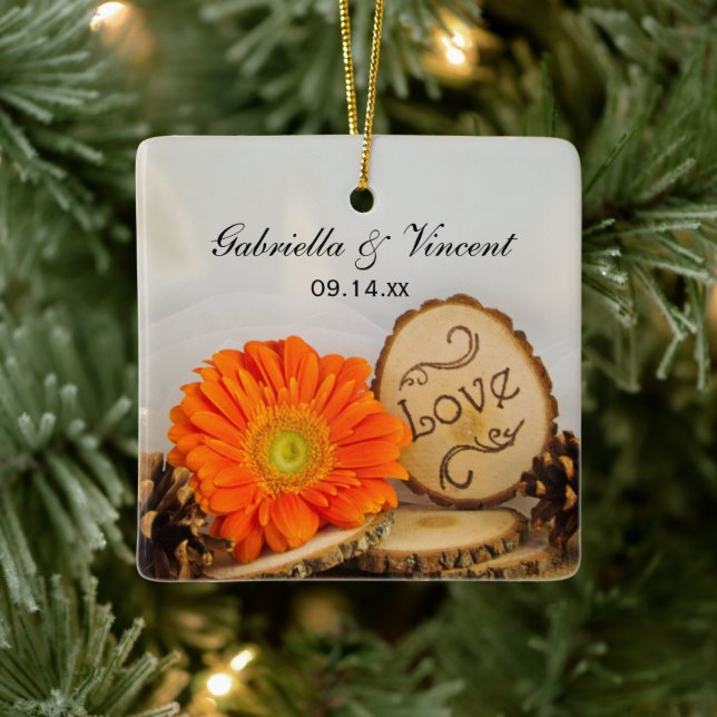 Rustic Orange Daisy Woods Wedding Ceramic Ornament (Tree)