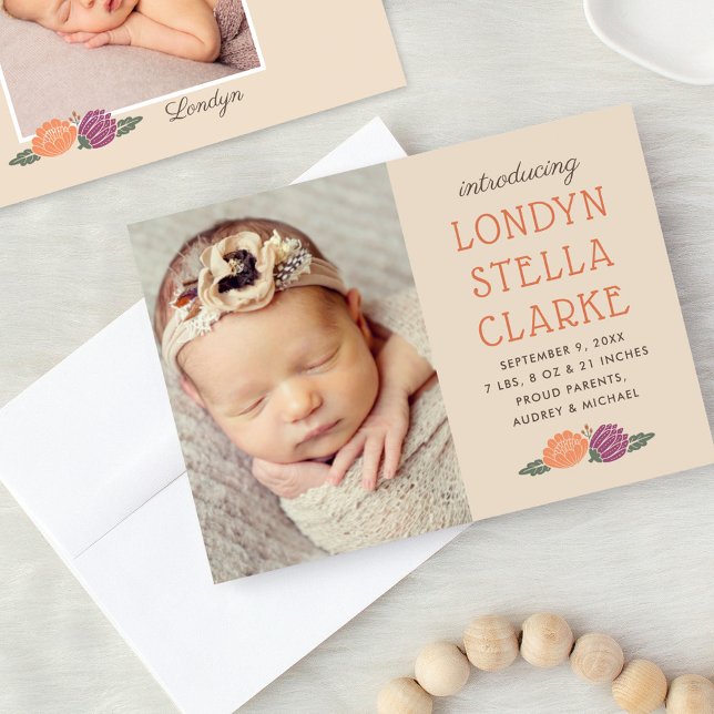 Rustic Orange Fall Floral Baby Girl Photo Birth Announcement (Creator Uploaded)