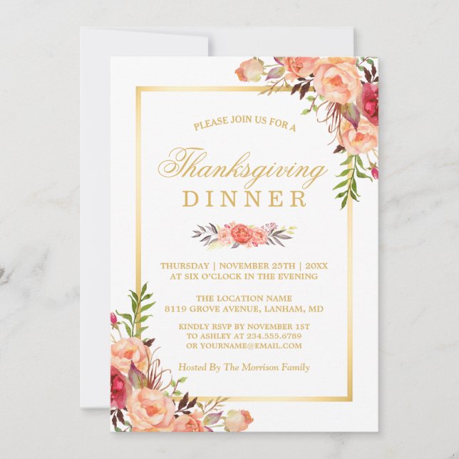 Rustic Orange Floral Chic Gold Thanksgiving Dinner Invitation (Front)