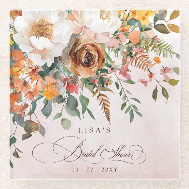 Rustic Orange Floral Fall Bridal Shower  Glass Coaster (Front)