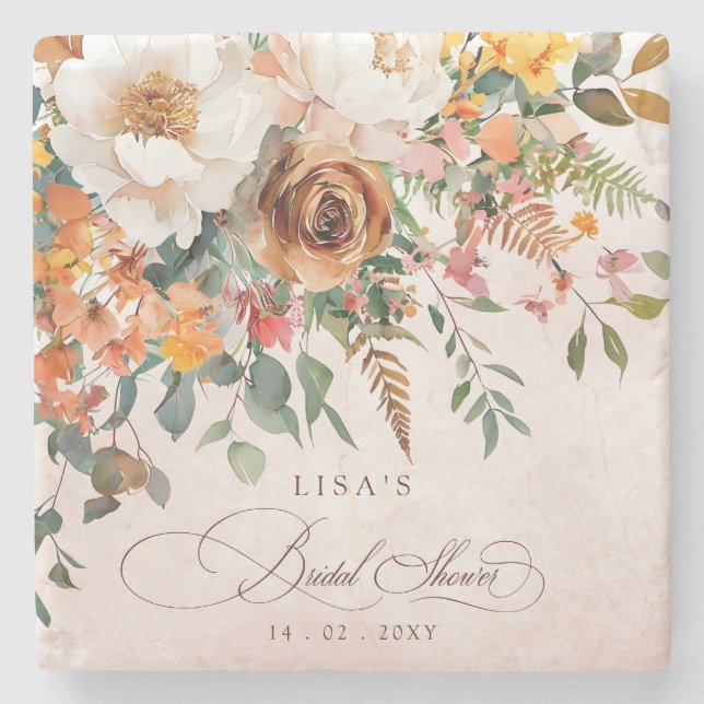 Rustic Orange Floral Fall Bridal Shower  Stone Coaster (Front)