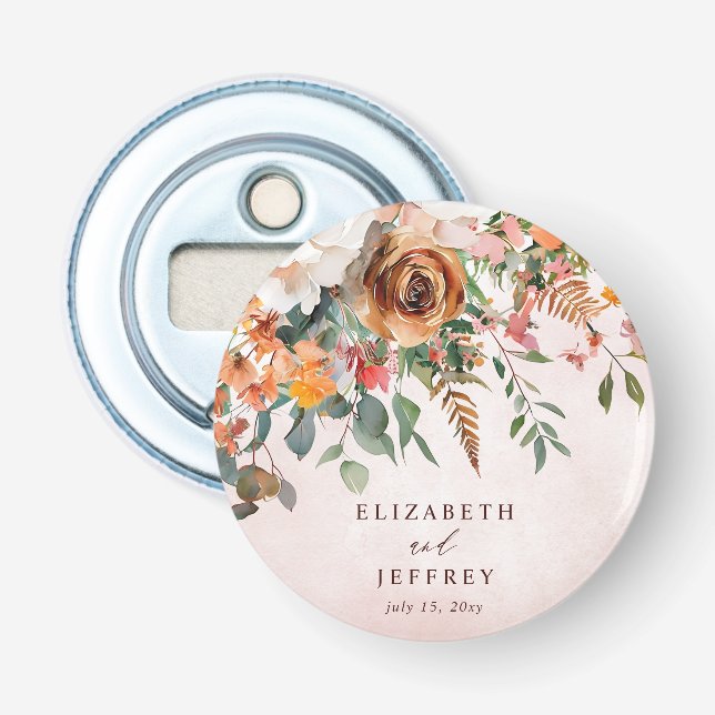 Rustic Orange Floral Fall Wedding Bottle Opener (Front)