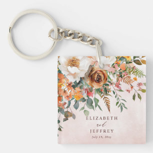 Rustic Orange Floral Fall Wedding Keychain