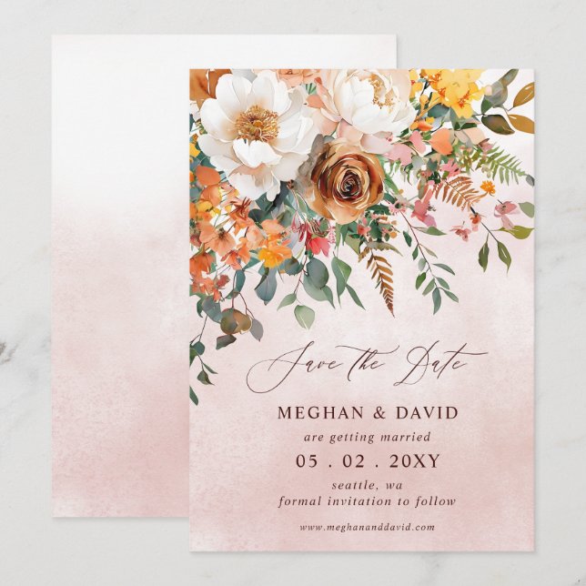Rustic Orange Floral Fall Wedding Save The Date (Front/Back)