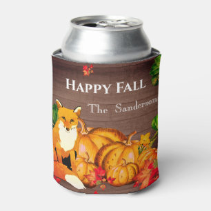 Rustic Orange Fox Pumpkin Fall Autumn Leaves  Can Cooler