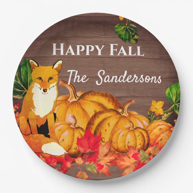 Rustic Orange Fox Pumpkin Fall Autumn Leaves  Paper Plate (Front)