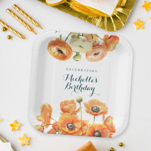 Rustic Orange Garden Floral Birthday Party White Paper Plate