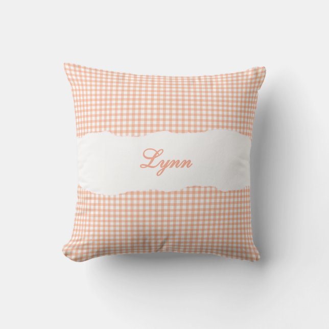 Rustic Orange Gingham Personalized Name Throw Pillow (Front)
