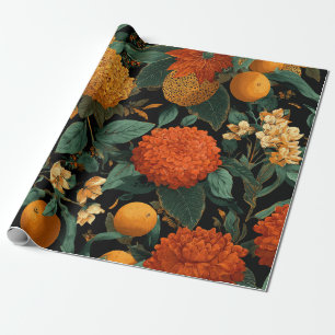 Rustic Orange Green Botanical Bold Vintage Floral Wrapping Paper