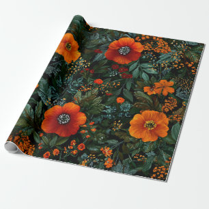 Rustic Orange Green Botanical Bold Vintage Floral Wrapping Paper
