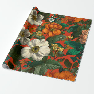 Rustic Orange Green Botanical Bold Vintage Floral Wrapping Paper