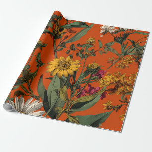 Rustic Orange Green Botanical Bold Vintage Floral Wrapping Paper