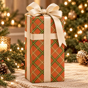 Rustic Orange Green Plaid Christmas Wrapping Paper