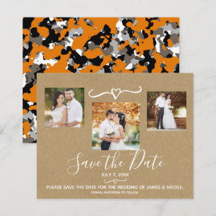 Rustic Orange Grey Camo Kraft Photo Save the Date