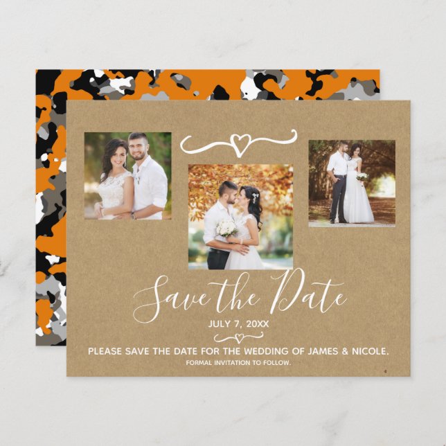 Rustic Orange Grey Camo Kraft Photo Save the Date (Front/Back)