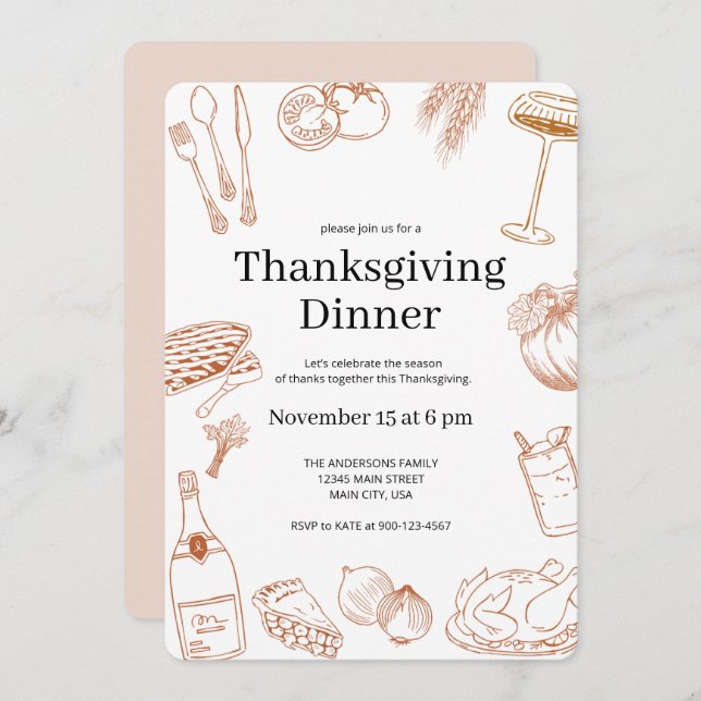 Rustic Orange Hand Drawn Thanksgiving Dinner Invitation (Front/Back)