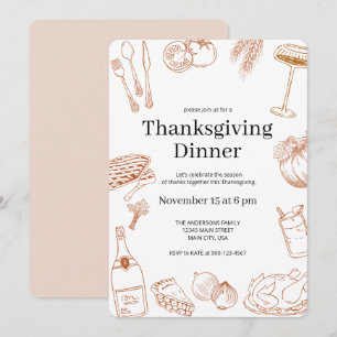 Rustic Orange Hand Drawn Thanksgiving Dinner Invitation