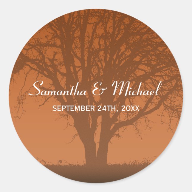 Rustic Orange Oak Tree Wedding Favour Label (Front)