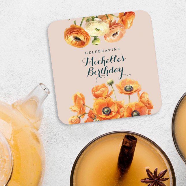 Rustic Orange Pink Garden Flowers Birthday Party Square Paper Coaster (Creator Uploaded)