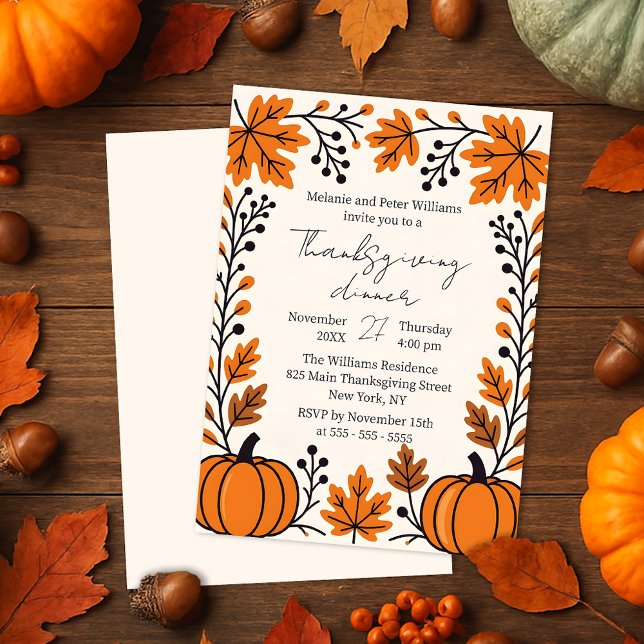 Rustic Orange Pumpkin Autumn Leaves Thanksgiving Invitation (Creator Uploaded)