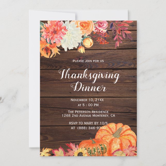 Rustic Orange Pumpkin Thanksgiving Invitations (Front)