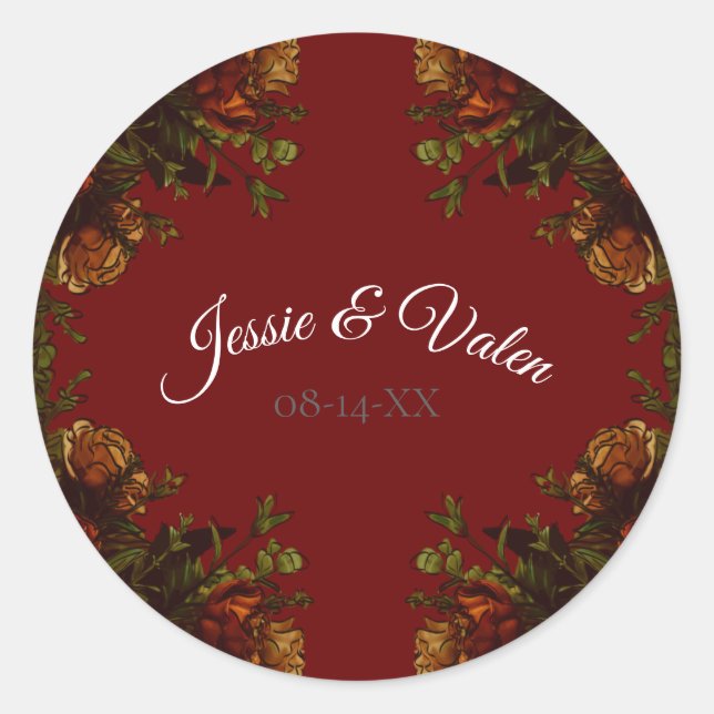 Rustic Orange Red Fall Elegant Gothic Wedding Classic Round Sticker (Front)